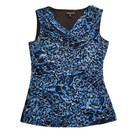 Cable & Gauge Mesh Lined Drape Neck Ruched Waist Sleeveless Blouse Blue Black M - Picture 4 of 13